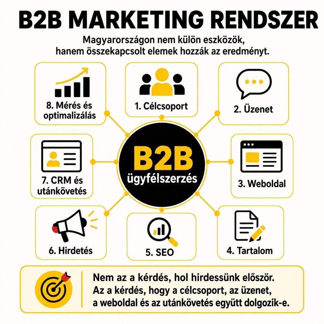 B2B marketingrendszer: célcsoport, üzenet, weboldal, tartalom, SEO, hirdetés, CRM és mérés összekapcsolva