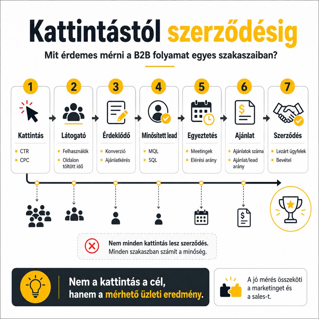 Kattintástól szerződésig mérési út: kattintás, látogató, érdeklődő, minősített lead, egyeztetés, ajánlat és szerződés