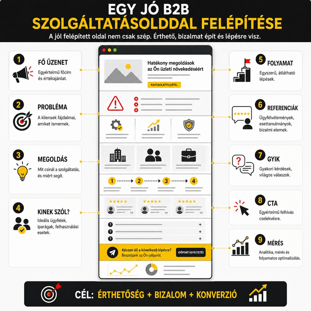 Egy jó B2B szolgáltatásoldal felépítése: fő üzenet, probléma, megoldás, folyamat, referenciák, GYIK, CTA és mérés