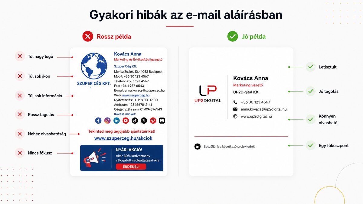 Gyakori hibák az e-mail aláírásban: rossz és jó példa összehasonlítása — túl nagy logó és ikonhalmozás kontra letisztult, jól tagolt aláírás