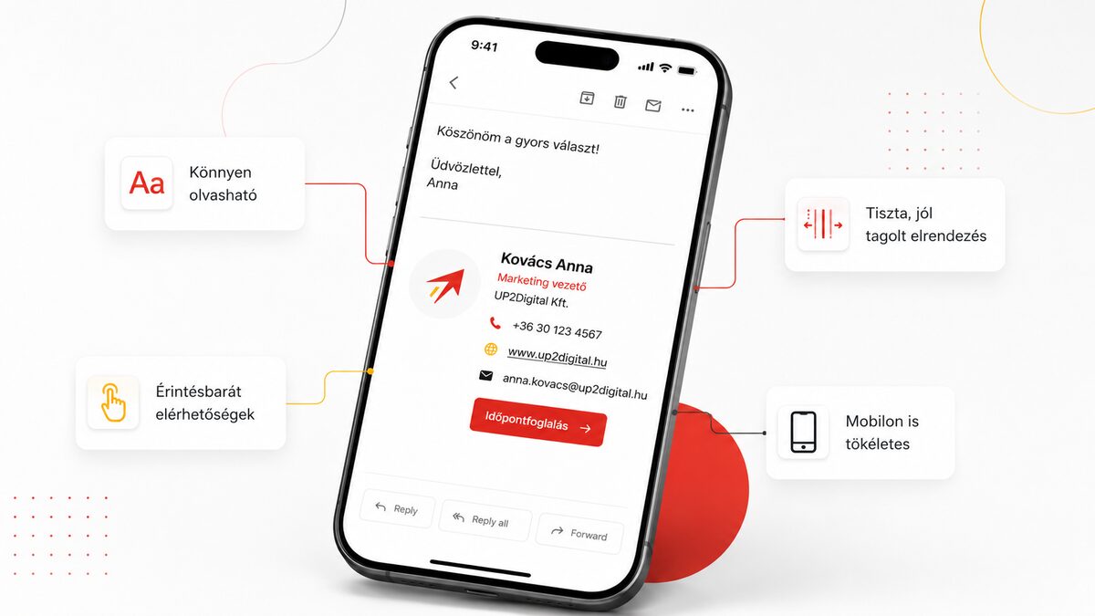 Mobilbarát email aláírás telefonon: könnyen olvasható, érintésbarát elérhetőségek, tiszta tagolás