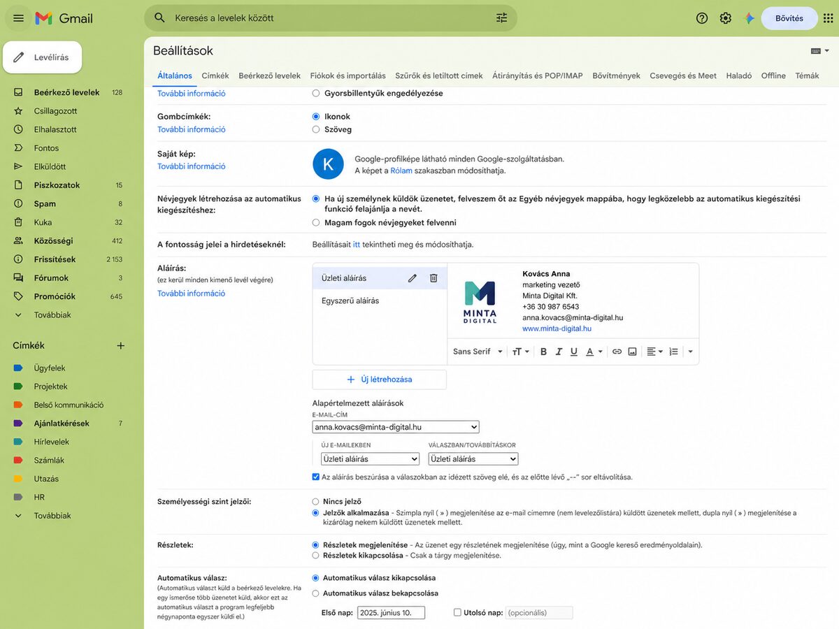 Gmail beállítások — Aláírás szekció: üzleti aláírás szerkesztése és alapértelmezett aláírás kiválasztása új levélhez és válaszhoz