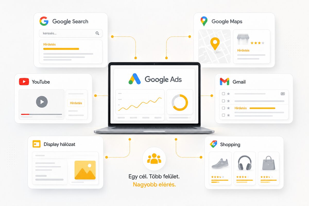 A Google Ads megjelenési felületei egy rendszerben: Google keresés, Térkép, YouTube, Gmail, Display hálózat és Shopping