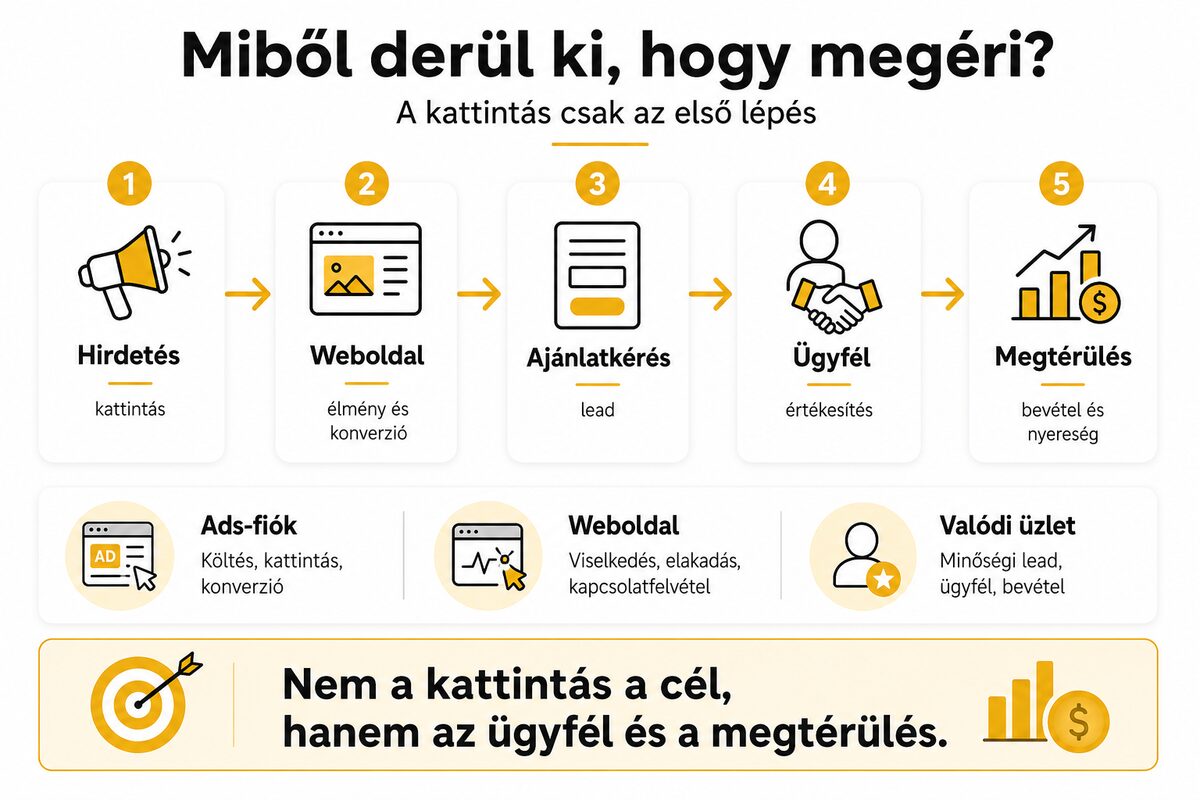 A Google Ads megtérülés folyamata öt lépésben: hirdetés, weboldal, ajánlatkérés, ügyfél és megtérülés