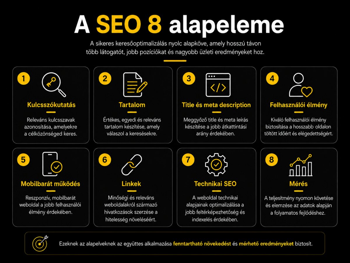 A SEO 8 alapeleme: kulcsszókutatás, tartalom, title és meta description, felhasználói élmény, mobilbarát működés, linkek, technikai SEO, mérés